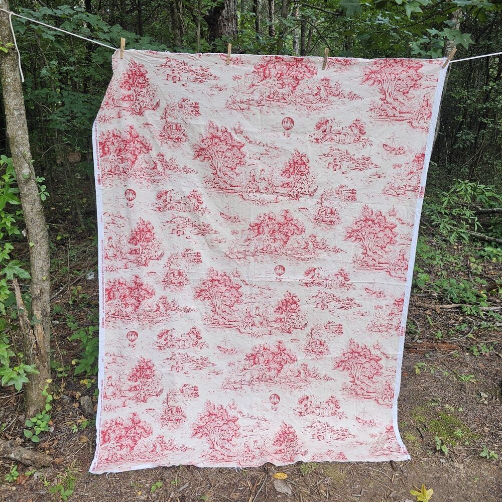 2 Yards Vintage Red & Cream Toile de Jouy Fabric – French Pastoral Landscape